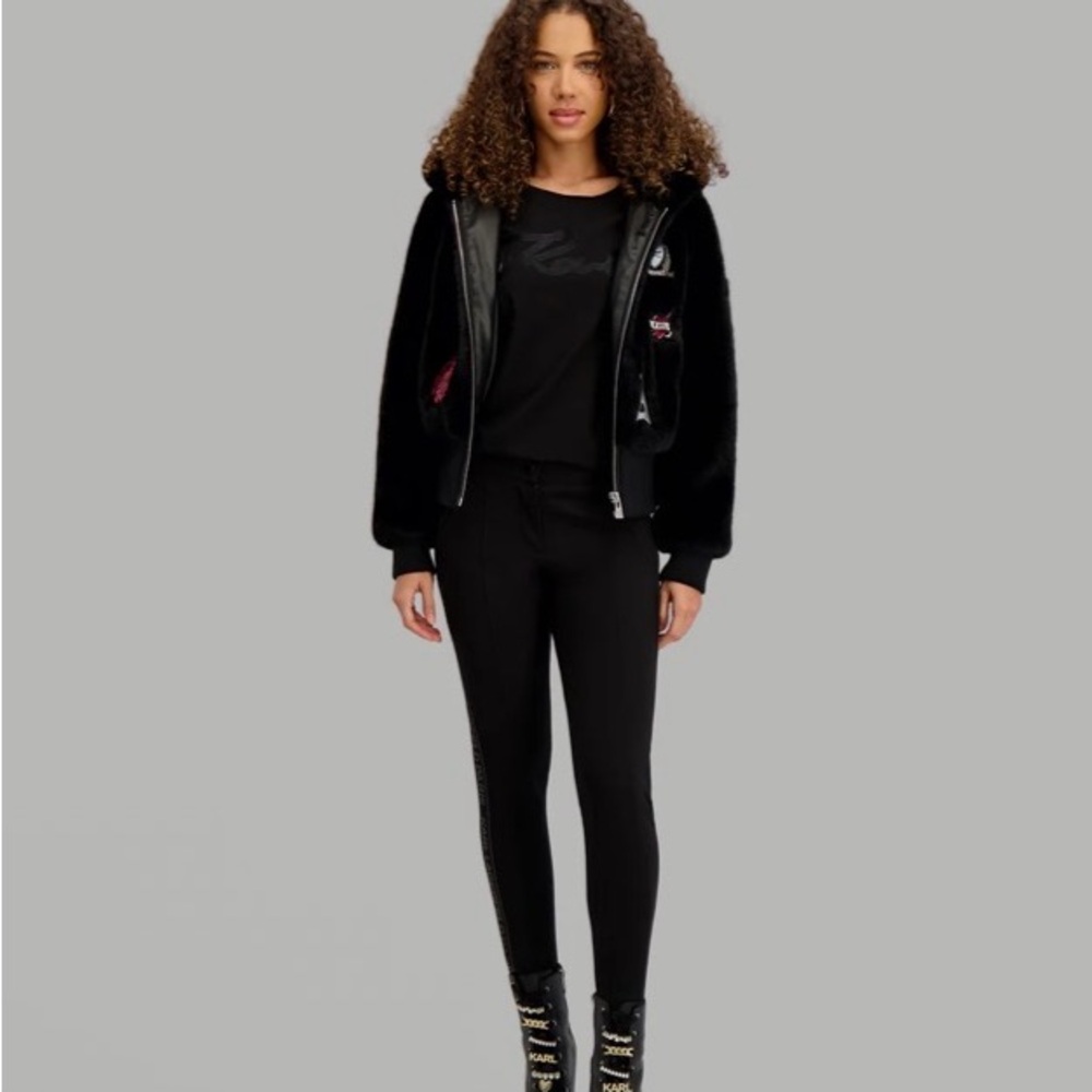 Karl Lagerfeld Faux Fur Logo Patch Bomber Jacket - Picture 3 of 17